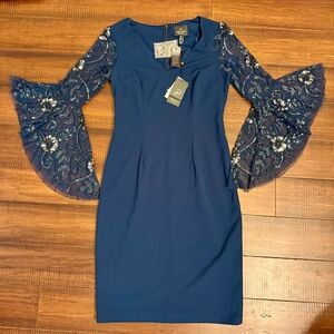 NWT - Adrianna Papell - Elegant Navy Blue Butterfly Sleeve Pencil Dress